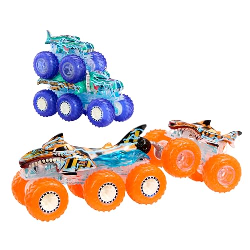 Hot Wheels Monster Trucks - Multipack Camion, Set Con Tiger Shark E Mega-Wrex In Scala 1:64 E I Loro Grandi Tir E Trasportatore Con Decorazioni Power
