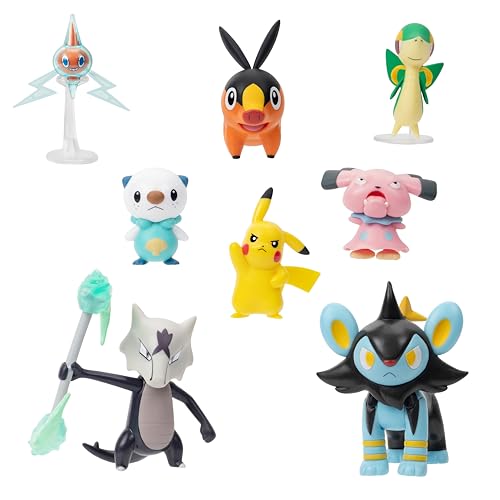Jazwares Pkw - Confezione Multipla Di Personaggi Da Battaglia (8 Pezzi: Tepig, Oshawott, Snivy Con Supporto, Rotom Con Supporto, Pikachu #5, Snubull,