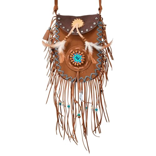 W Widmann Milano Party Fashion 01986 - Borsa A Tracolla Indiana, Da Donna, Marrone, Con Frange E Perline Colorate, Accessorio, Costume, Carnevale, Fes