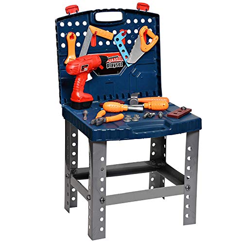 Playkidiz Banco Da Lavoro Per Bambini - Portatile Toy Playset -Construction Workbench - Cassetta Attrezzi Bambini - Trapano Elettrico, Custodia Da Via