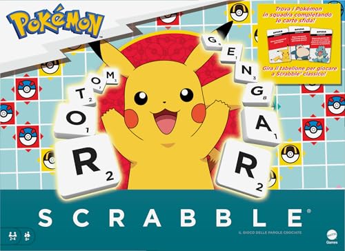 Mattel Games - Scrabble Pokémon, Il Gioco Da Tavolo Delle Parole Crociate Con 50 Sfide Dei Personaggi Pokémon, Tabellone A Due Facce Con Due Modalità