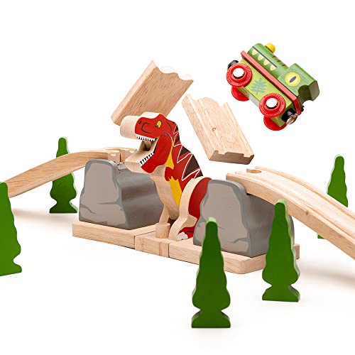 Bigjigs Rail, T-Rex Bursting Bridge, Giocattoli In Legno, Giocattoli Per Dinosauri, Accessori Per Treni Di Bigjigs, Binario Di Dinosauri, Set Di Treni