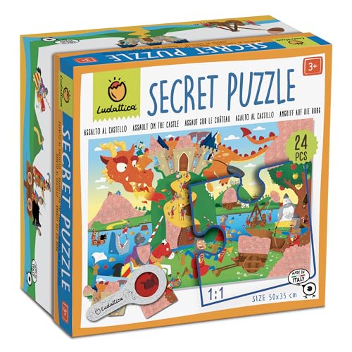 Ludattica - Secret Puzzle Assalto Al Castello | Puzzle 24 Pezzi Con Lente Spia | Bambini 3+ | Due Giochi In Uno | Dimensione 50 X 35Cm | Made In Italy