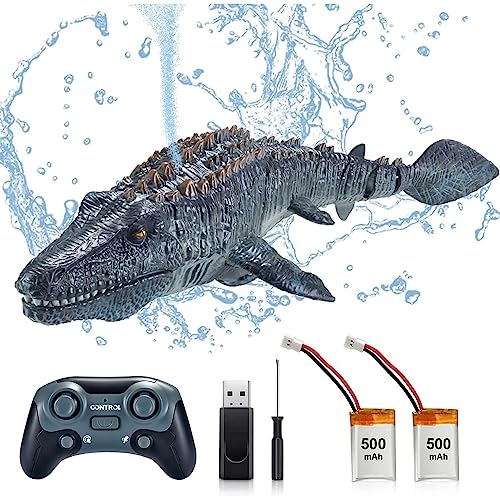 Obest 2.4Ghz Barca Telecomandata Rc Mosasaurus Per Bambini, Squalo Barca Motoscafo Piscine E Laghi Giocattolo Spruzzare Acqua, Dinosauro Barca Elettri