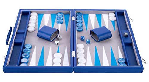 Engelhart - 250526 - Backgammon Di Lusso 45,5 Cm - Gioco Raffinato Con Similpelle E Feltro - Dadi E Fichas Perlati In Blu/Bianco