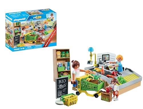 Playmobil Mylife Promo Pack 71648 Supermercato Bio, Con Cassa Con Nastro Trasportatore, Carrello Della Spesa E Tre Personaggi, Giocattolo Per Bambini