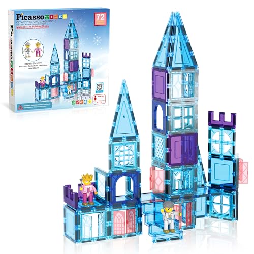 Picasssotiles 72 Pezzi Magnetic Building Tiles Castle Winter Ice Theme Construction Magnet Block Set With Princess Prince Character Stairs Windows Doo