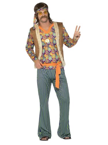 Smiffys Costume Cantante Hippie Anni '60, Uomo, Multicolore, Con Top, Gilet, Pantaloni, Cintura E Fascia Per Capelli