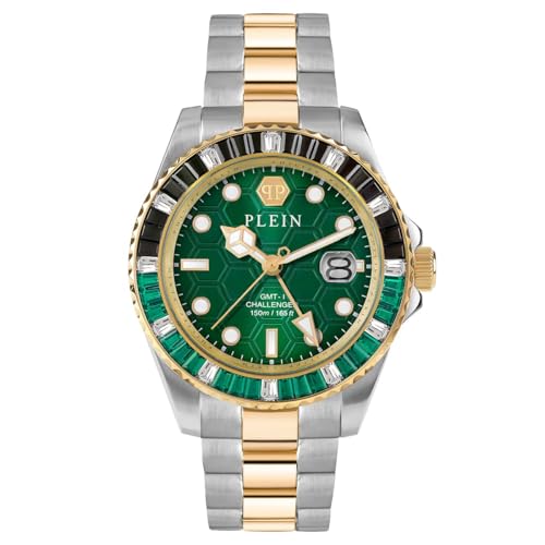 Philipp Plein Orologio Analogico Al Quarzo Gmt-I Challenger Baguettes Acciaio Inossidabile, Bicolore/Verde - Pwpza0224, Bracciale