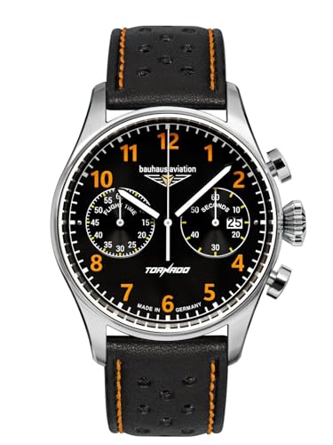 Bauhaus Aviation Orologio Da Uomo In Acciaio Inox Serie Tornado Cronografo 5 Atm Con Cinturino In Pelle, Nero/Arancione