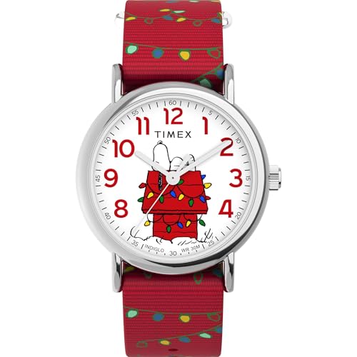 Timex X Peanuts - Orologio Da Donna Weekender Holiday 38 Mm, Cinturino Rosso, Quadrante Bianco, Cassa Argentata, Rosso, Casual