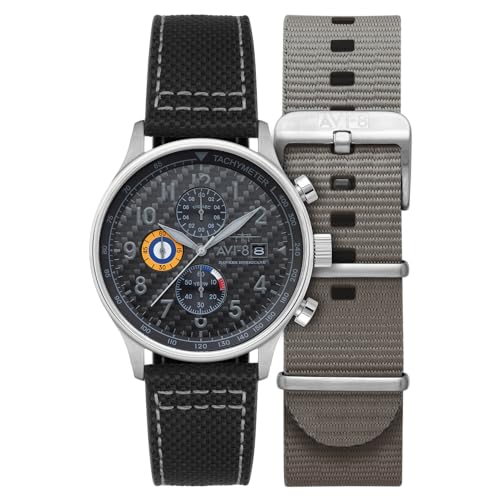 Avi-8 Hawker Hurricane Classic Orologio Cronografo Da Uomo 43,5 Mm Con Cinturino In Pelle Av-4011, Fibra Di Carbonio Nera.