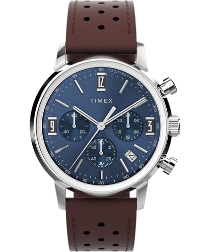 Timex Orologio Cronografo Da Uomo Marlin Da 40 Mm, Cinturino A Sgancio Rapido In Pelle Marrone, Quadrante Blu, Cassa In Acciaio Inox Tw2W10200