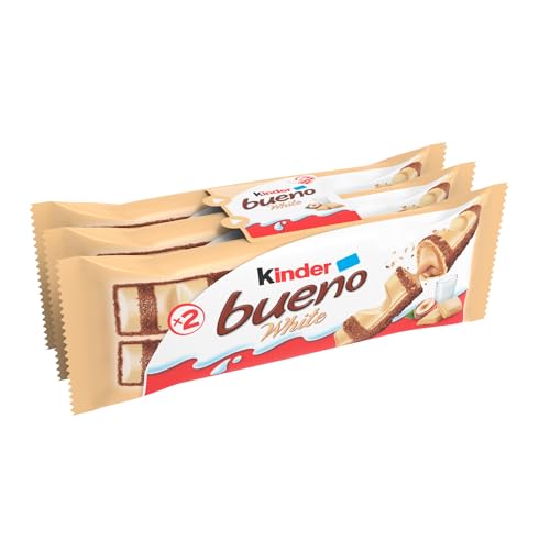 Kinder Bueno White - 6 Snack Al Cioccolato Bianco E Nocciola, Un Wafer Ripieno Di Crema Alle Nocciole Ricoperto Da Cioccolato Bianco E Granella Mering