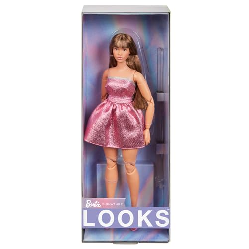 Barbie Looks - Bambola Da Collezione N. 24, Barbie Con Capelli Marroni E Look Moderno Anni 2000, Abito Rosa Scintillante Senza Spalline E Tacchi A Pun